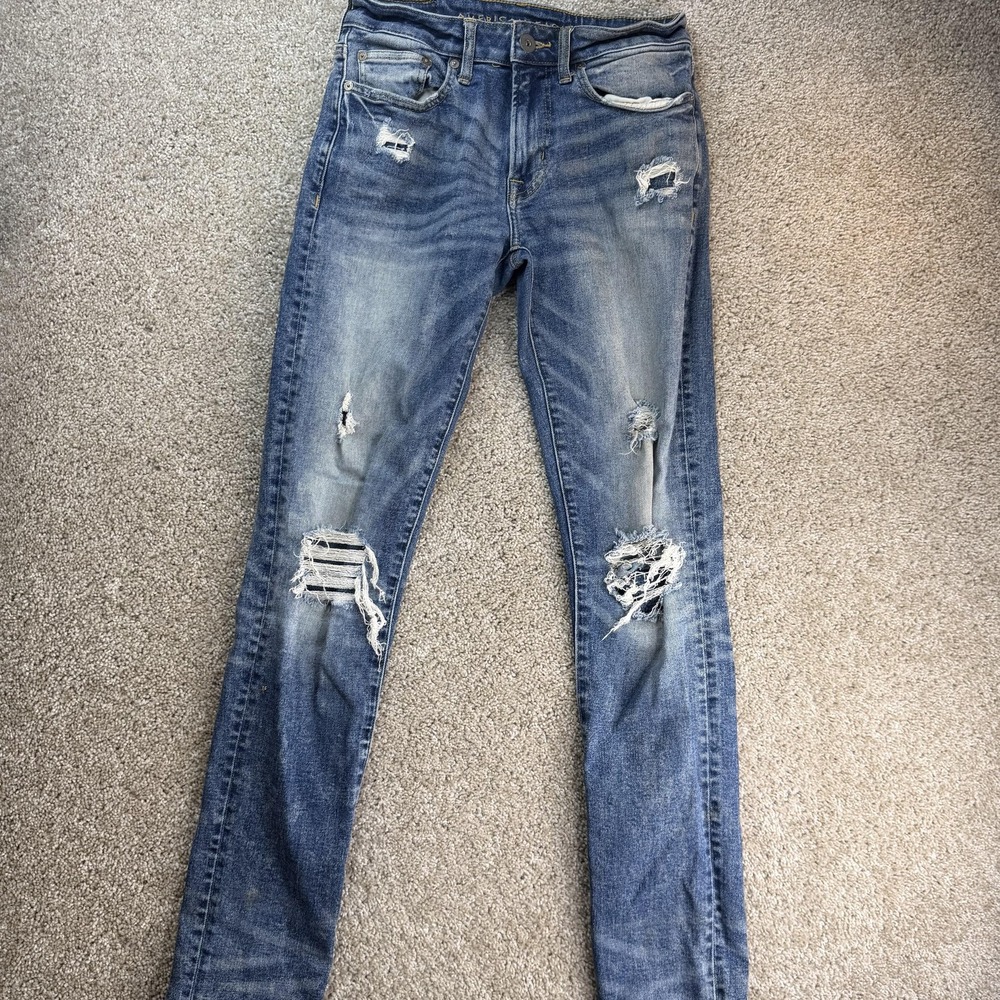 American Eagle Outfitters Flex Jeans Mens 28x34 Med Wash Denim Skinny Distressed